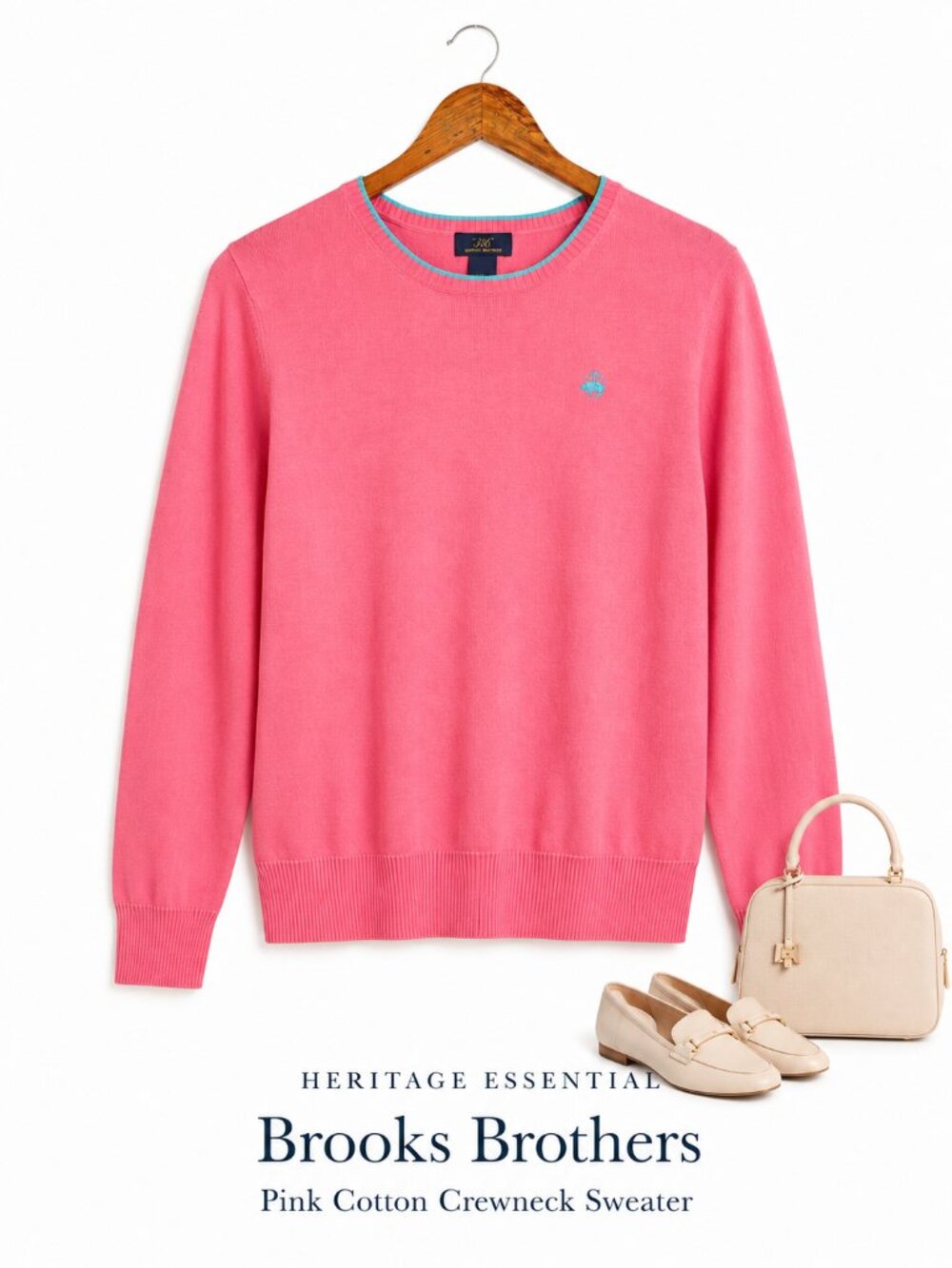 Brooks Brothers 346 Pink Cotton Crewneck Sweater Logo Trim L